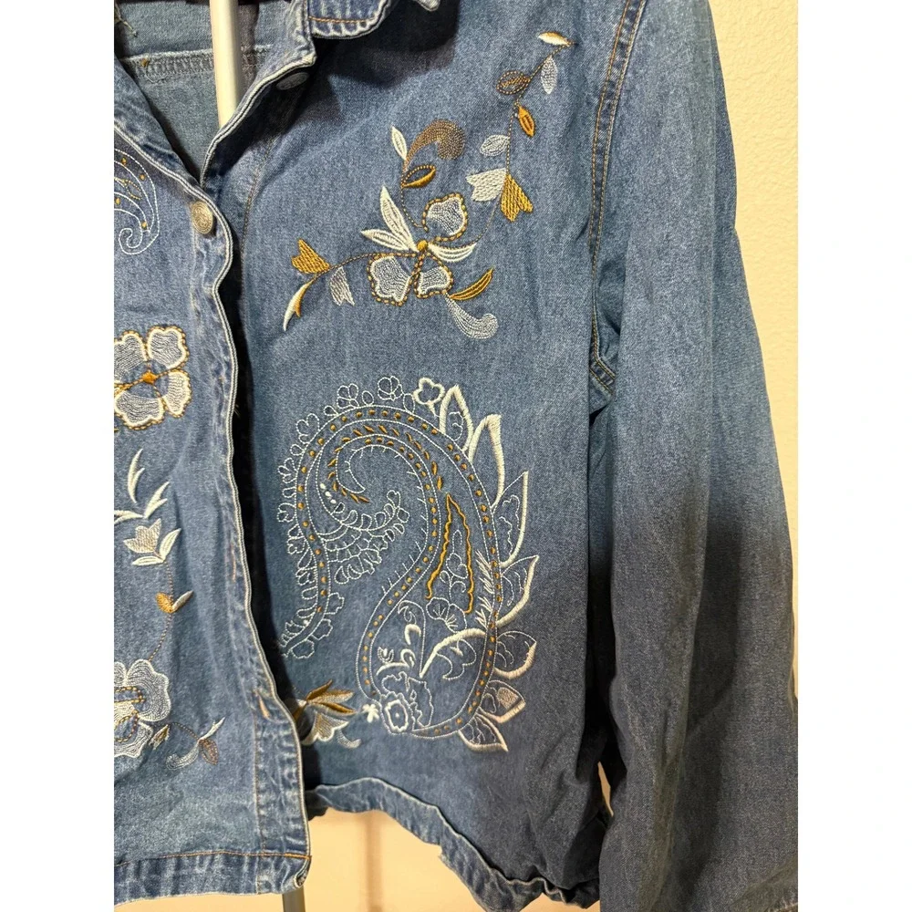 Vnitage White Stag Womens XL Embroidered‎ Denim Jacket Stone Floral Paisley Blue